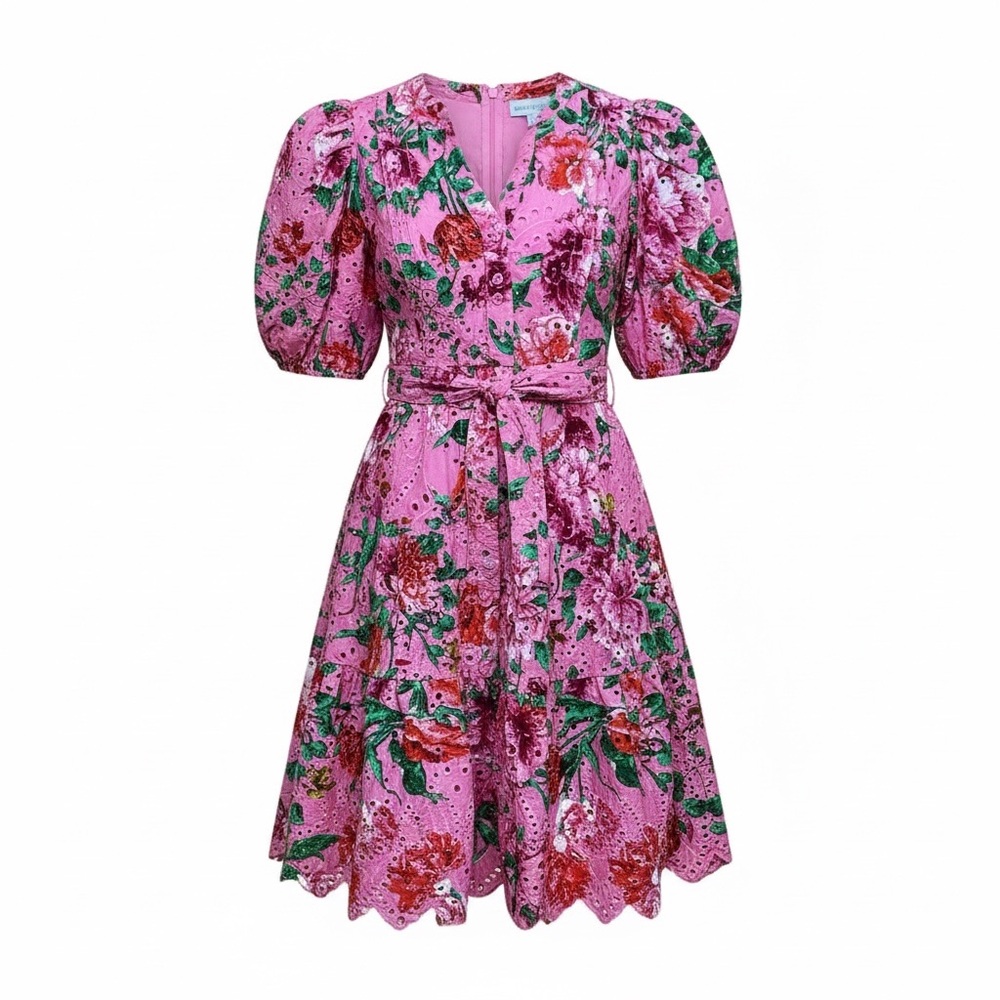 Gibson Latimer Pink Floral Eyelet Dress Small Cotton Puff Sleeve Tiered Midi